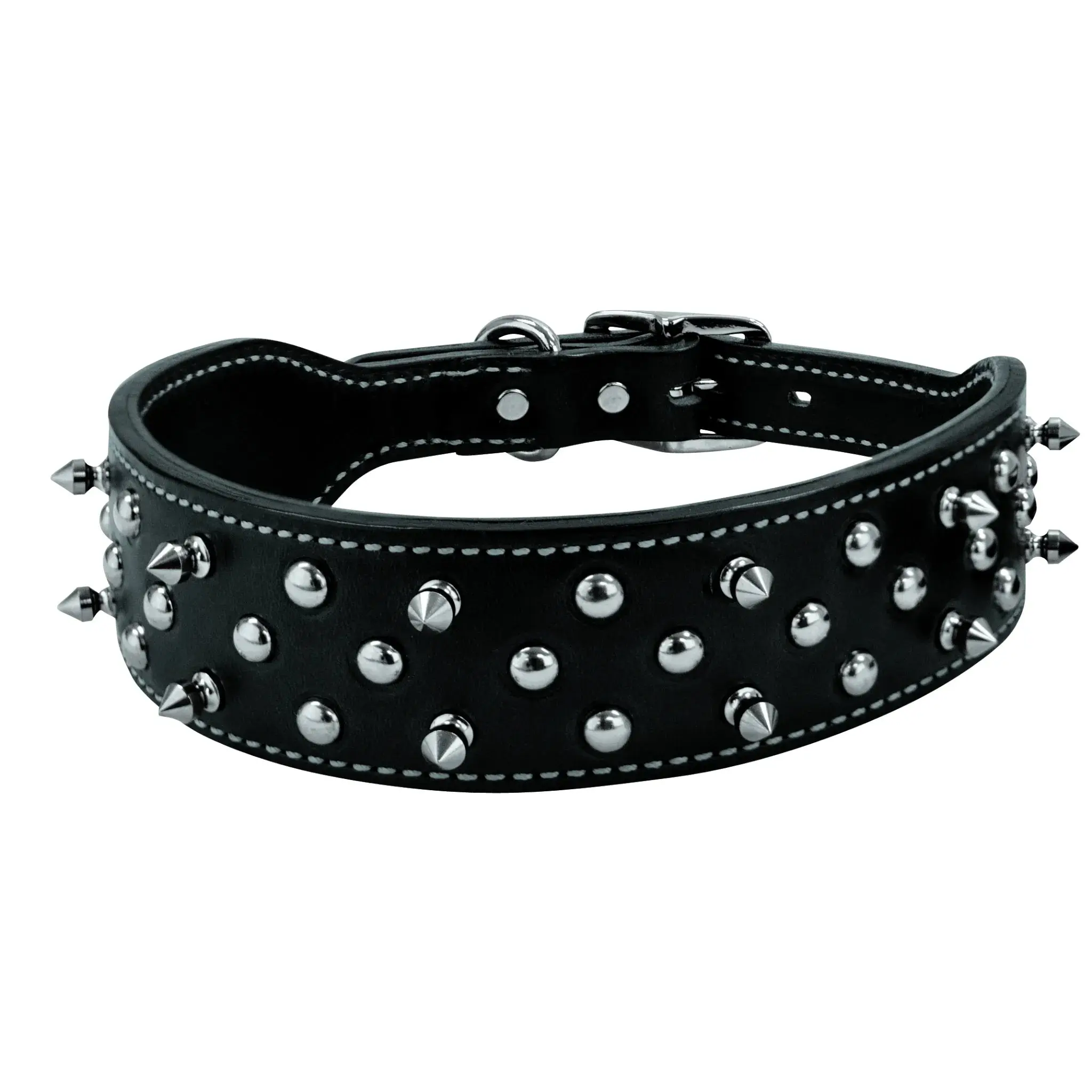 Weaver Leather Pet Spike Collar - Black English Bridle Leather, Doubled and Stitched with Nickel-Plated Spikes 2" x 21"