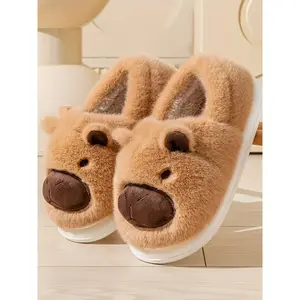 Cartoon Capybara Plush Thick Warm Indoor Outdoor Slippers, Unisex Couple Home Comfort Fuzzy Shoes, Cozy Winter Footwear, Fluffy House Slippers