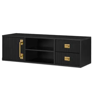 Black Fluted Wall Mounted Barber Station for Storage, Salon Beauty Cabinet with Golden Handle 2504