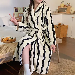 2024 Vintage Striped Coral Fleece Robe For Women, Cozy & Warm Long Sleepwear, Autumn/Winter Thickened Nightgown With Belt, Polyester Flannel, Hand Wash Only