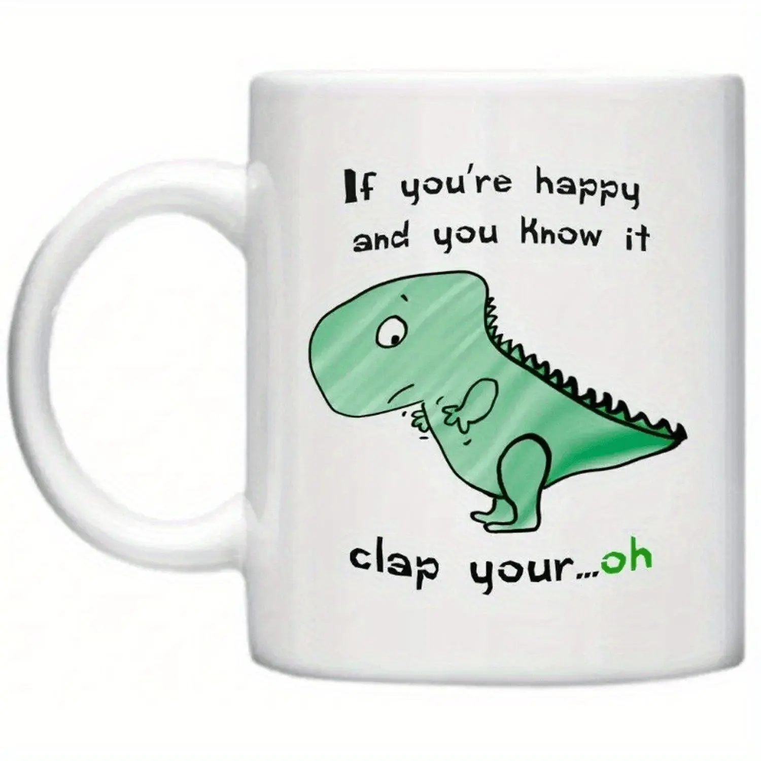 1pc 11Oz Ceramic Coffee Mug with Humorous 'Clap Your Hands' T-Rex Dinosaur Design - Reusable White Cup with Green Illustration, Perfect Gift for Easter, Thanksgiving, Christmas - Hand Wash solely, Festive Drinkware