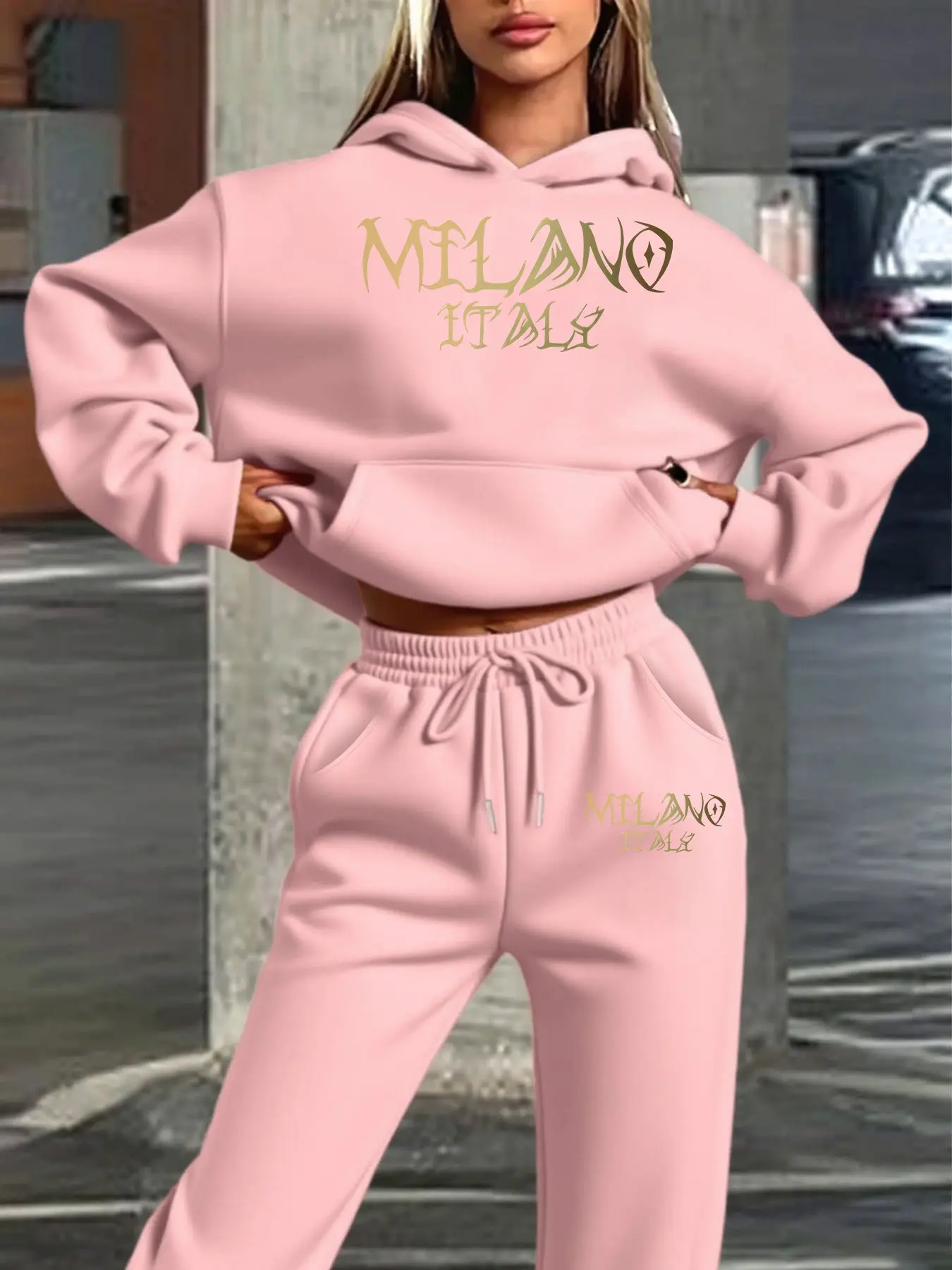 Women's Hooded Sweatshirt Set, Fall Winter Warm, Milan Italy Gold Print, Luxurious Italian Style, Street Casual, Jogger Pants