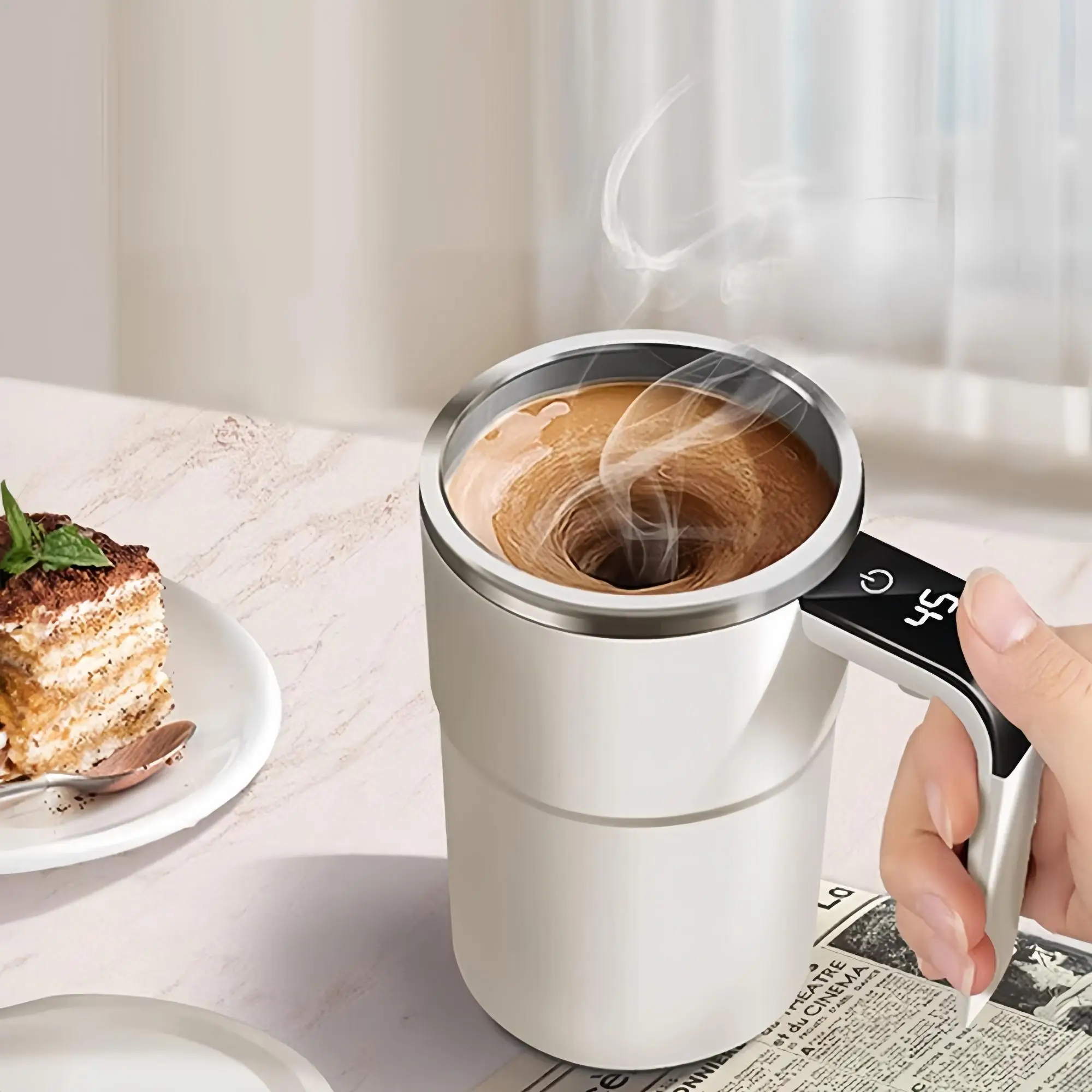 Automatic Stirring Cup with Lid, USB Rechargeable Automatic Magnetic Coffee Cup with Display Temperature, Suitable for Office, Home, Outdoor, Gift