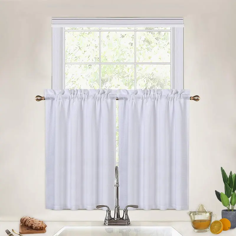36" Waffle Woven Tier Cafe Curtains - Textured Short for Kitchen/Bathroom Window, White