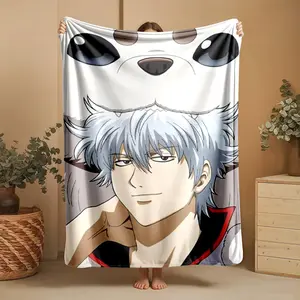 1 piece A heartwarming scene of Sakata Gintoki and Sadaharu from Gintama themed flannel blanket - Flannel weaving craft blanket, modern style, suitable for sofas and beds, all-season use, super soft and warm, digital print design, 100% polyester
