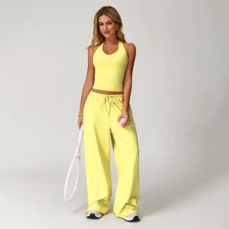 NVWA Women's 2-Piece Athleisure Outfits - Polyester-Silk Fitted Summervibe Sweatsuit, Adjustable V-Neck Strappy Top & Wide Leg Pants, Cooling Quick-Drying Breathable Figure-Flattering Women's Clothes, Workout Sets for Gym & Travel,summerwins