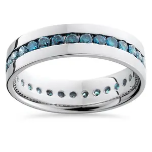 1 1/5ct Blue Diamond Channel Set Eternity Ring 14K White Gold Comfort Fit