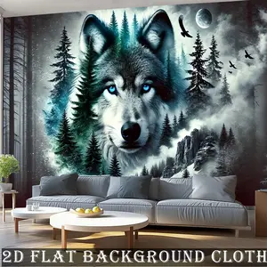 Wilderness Wolf & Pine Forest Banner with Mystic Blue-Eyed Wolf, Pine Trees & Full Moon - Large Wall Hanging Suitable for Weddings, Birthdays, Christmas, Baptism Parties - Indoor/Outdoor Decoration, Photo Booth Background, Year