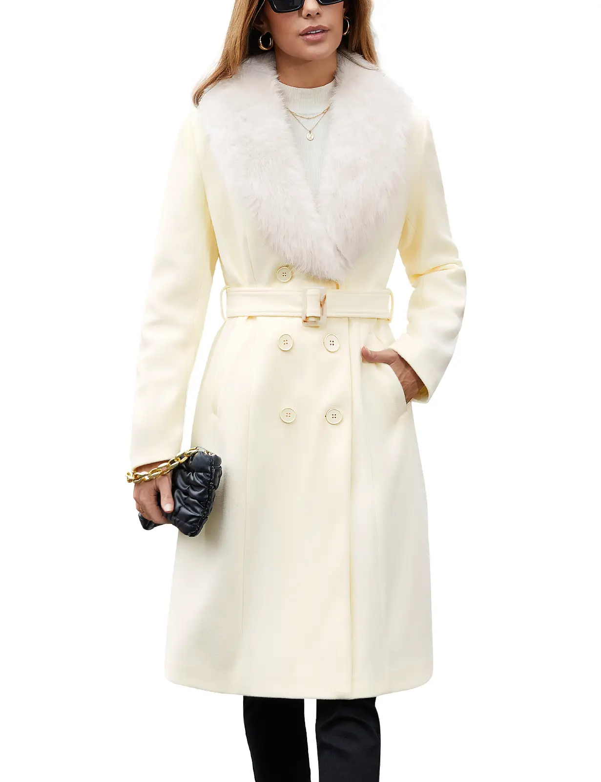 Women's Coat Long Winter Coat Elegant Winter Jacket with Belt | Double-breasted longcoat with buttons, detachable faux fur collar, dinner and everyday winter