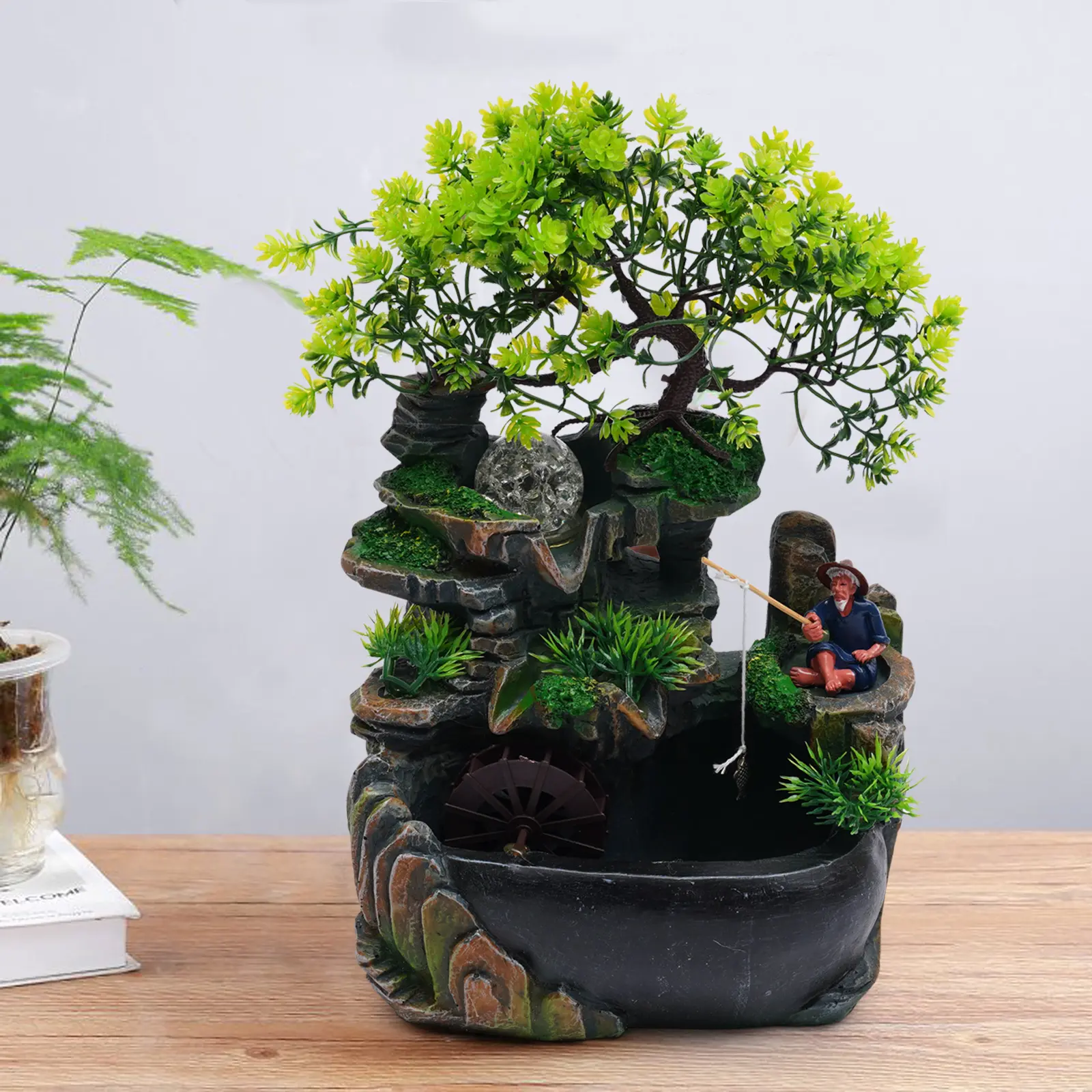 Quiet Waterfall Desktop Fountain - 20x15x30cm, Lightweight, Colorful Synthetic Tree Ornaments, LED Lights, Stress-Relief Sound, Lifelike Landscape for Bedroom Home & Garden Decor,summervibes outdoorfun, Decoration, Resin Figure,summerwins