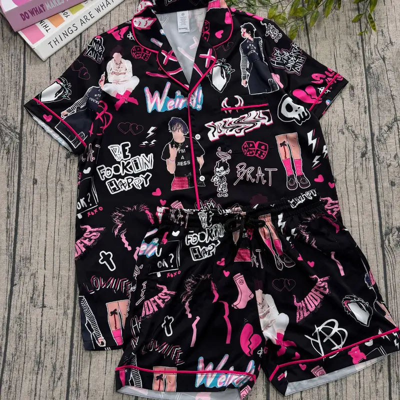 Graphic Pop Rock Pajama Set, Pajamas For Music Lover, Casual Comfy Short & Long Sleeves, Loungewear Nightwear Pajamas