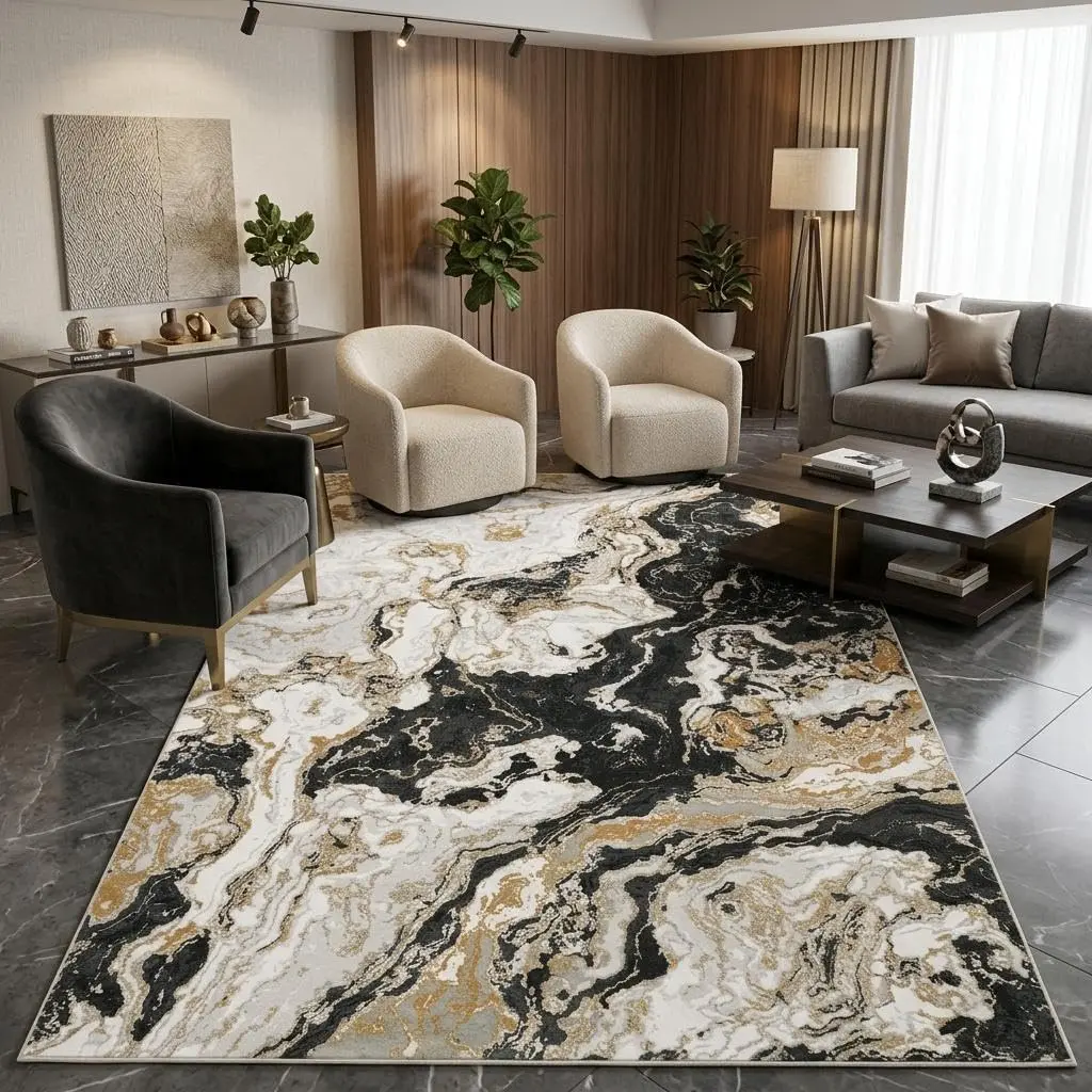 Modern Abstract 5x7 Soft Area Rug for Living Room, Washable Non-Slip Low Pile Carpet Marble Design, Indoor Mat for Bedroom Entryway Dining Room Office & Nursery, Black