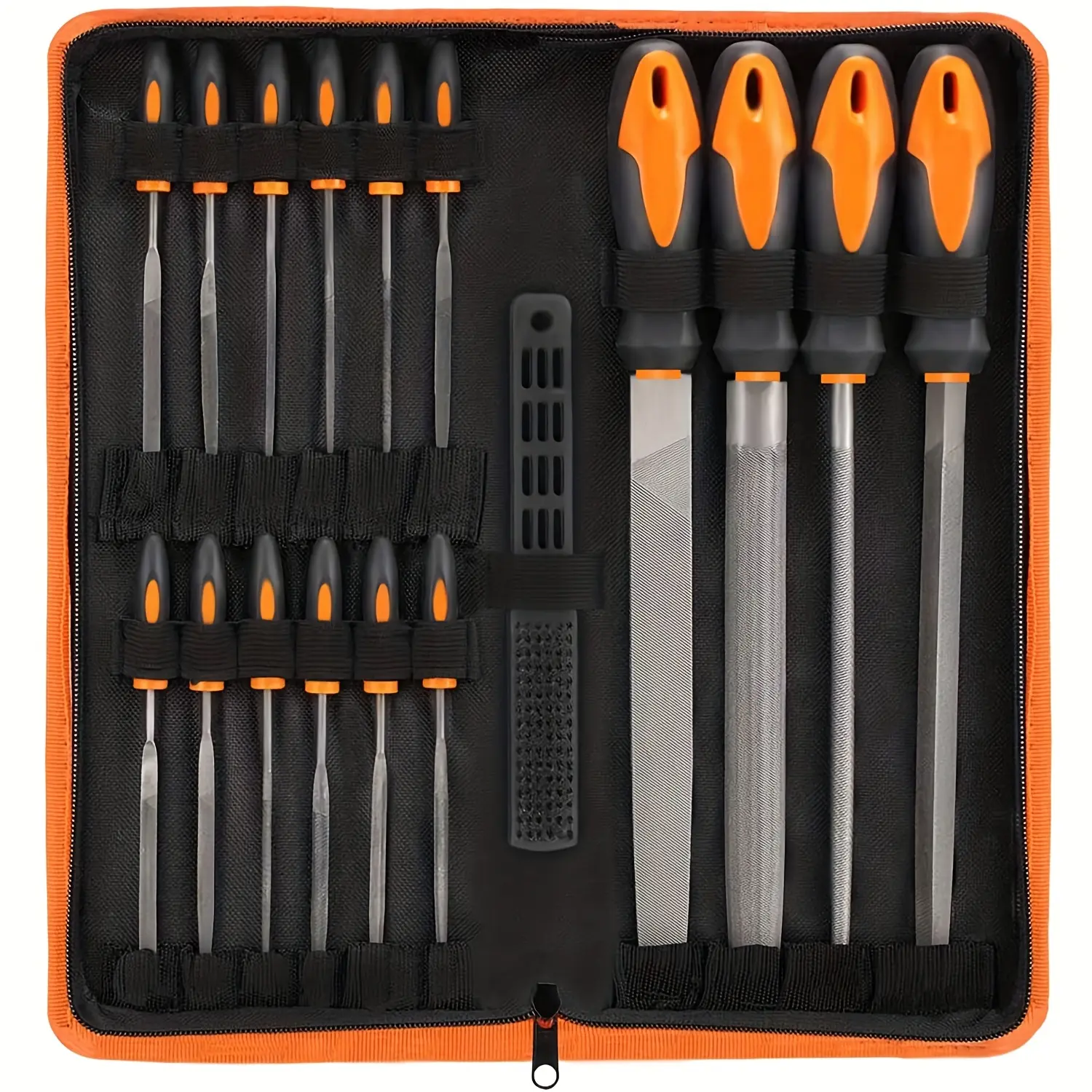 17 piece file tool set with storage box, made of high-quality T12 forged alloy steel, precision flat mouth/triangular/semi-circular/round head large files, including 12 needle shaped files and 1 brush