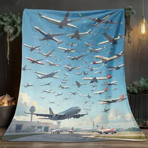 1 Pcs Busy Airport Sky-Themed Flannel Blanket, Digital Print, Sofa Bed Cover Blanket, Skin-Friendly And Soft, Suitable For Birthday And New Year Gifts All Year Round
