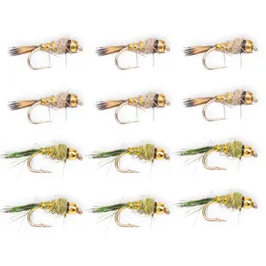 Floating Feather Supply Bead Head Hare's Ear Nymph Fly 12 Pack – Gray & Olive, Trout Size 12-16