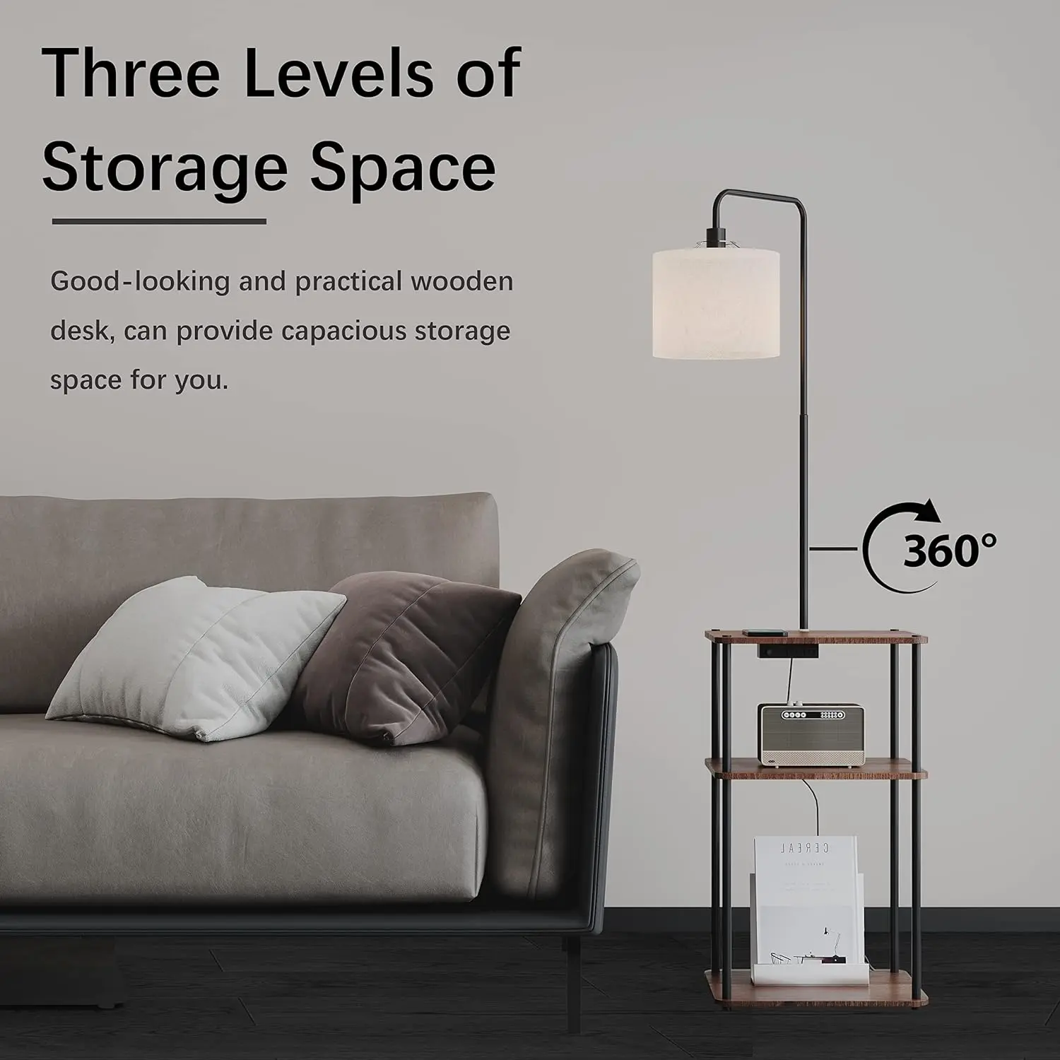 (FBA Warehouse)HSPauto Modern Wooden Table Lamp with USB Ports, 3 Levels of Storage, Stepless Dimming, Sturdy and Quality Assurance, Easy to Assemble