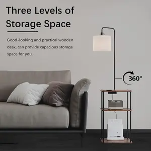 (FBA Warehouse)HSPauto Modern Wooden Table Lamp with USB Ports, 3 Levels of Storage, Stepless Dimming, Sturdy and Quality Assurance, Easy to Assemble
