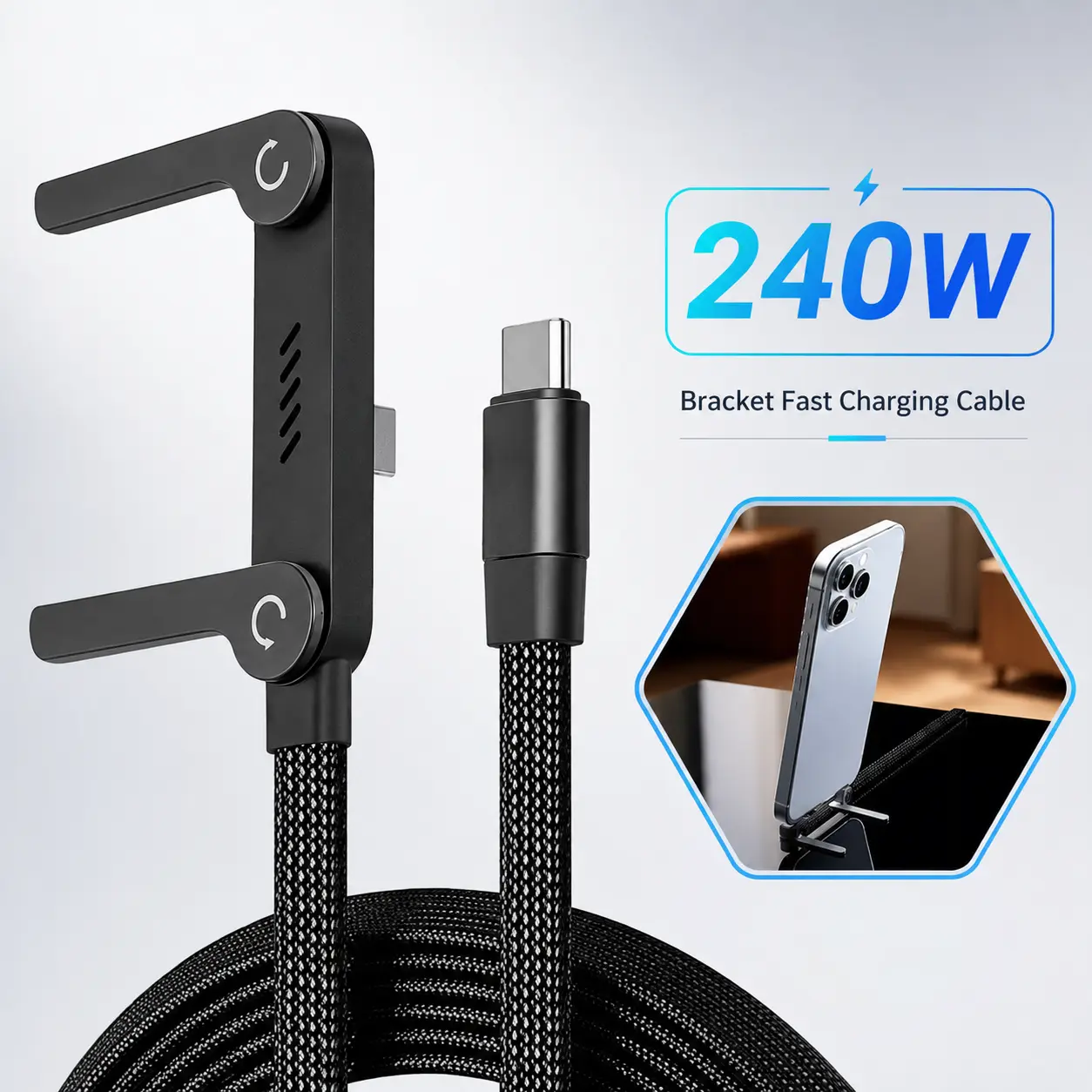 360° Rotating Invisible Phone Stand Charging Cable, Daily Gaming Office & In-Car Scenarios, Single Head Detachable Charging Wire, High Power Fast Charging Flexible Durable Phone Accessory