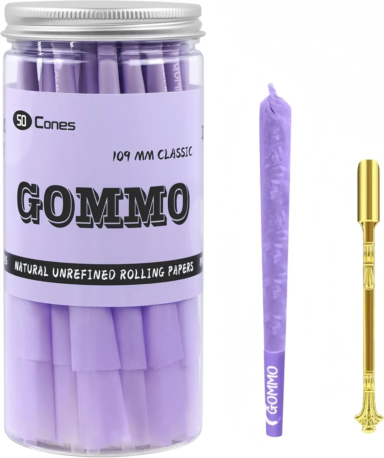 GOMMO 50 Pack King Size 109mm Natural Purple Tubes with Golden Packing Spoon Included
