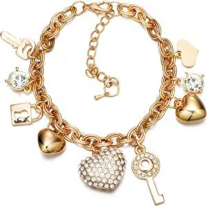 The "Love Lock" women's bracelet collection features designs characterized by hearts, keys, miniature padlocks, and cptihunky chain links. Adorned with dazzling crystals and embellished with heart, key, and lock-shaped pendants