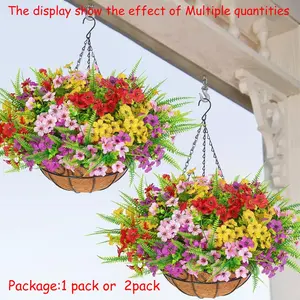 Artificial Flower Hanging Basket, Multicolor, 16 or 32 Fake Flowers, Ferns Included, Outdoor Decor, Spring Summer, Porch Balcony Garden