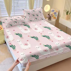 Pink Adorable Alpaca Cactus Fitted Sheet Set & 2 Coreless Pillowcases, Sweet and Soothing, Full of Childlike Fun Mattress Protector, Soft Anti-Slip Wrinkle-Resistant, Girls & Kids Bedroom Decor, Gift Idea