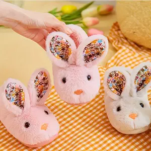 Girls' Adorable Cartoon Bunny Furry Indoor Walking Shoes for Autumn and Winter Comfortable Non-Slip Soft Sole
