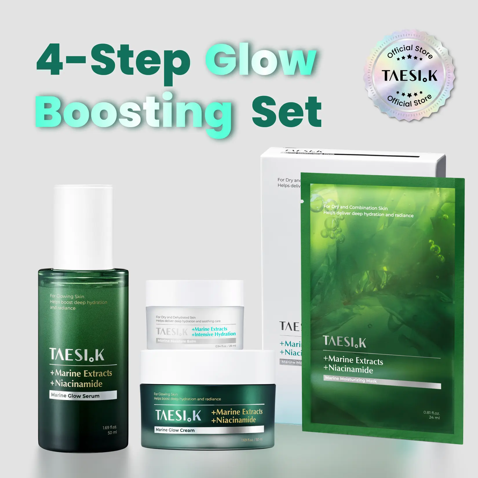 [TAESI.K] Marine Glow 4-Step Hydrating Skincare Routine Set, Serum, Cream, Moisture Balm & Deep Hydration Sheet Masks, Korean Skincare Bundle for Dewy Glow and Moisture