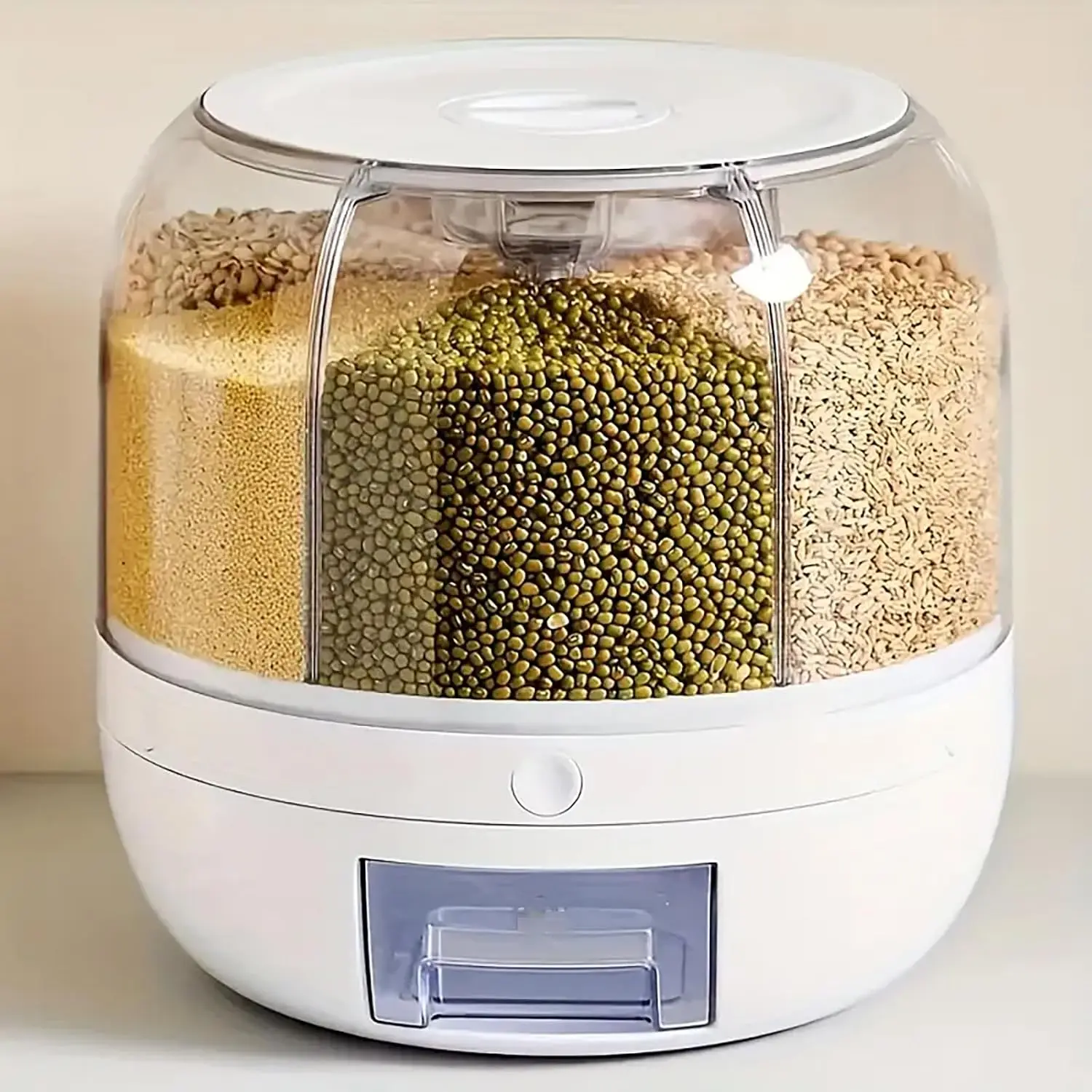 360° Rotating 6-Grid Grain Dispenser, 13 Lbs Sealed Food Storage Container, 1-Click Output for Rice, Beans, Cereal, Countertop Kitchen Organizer