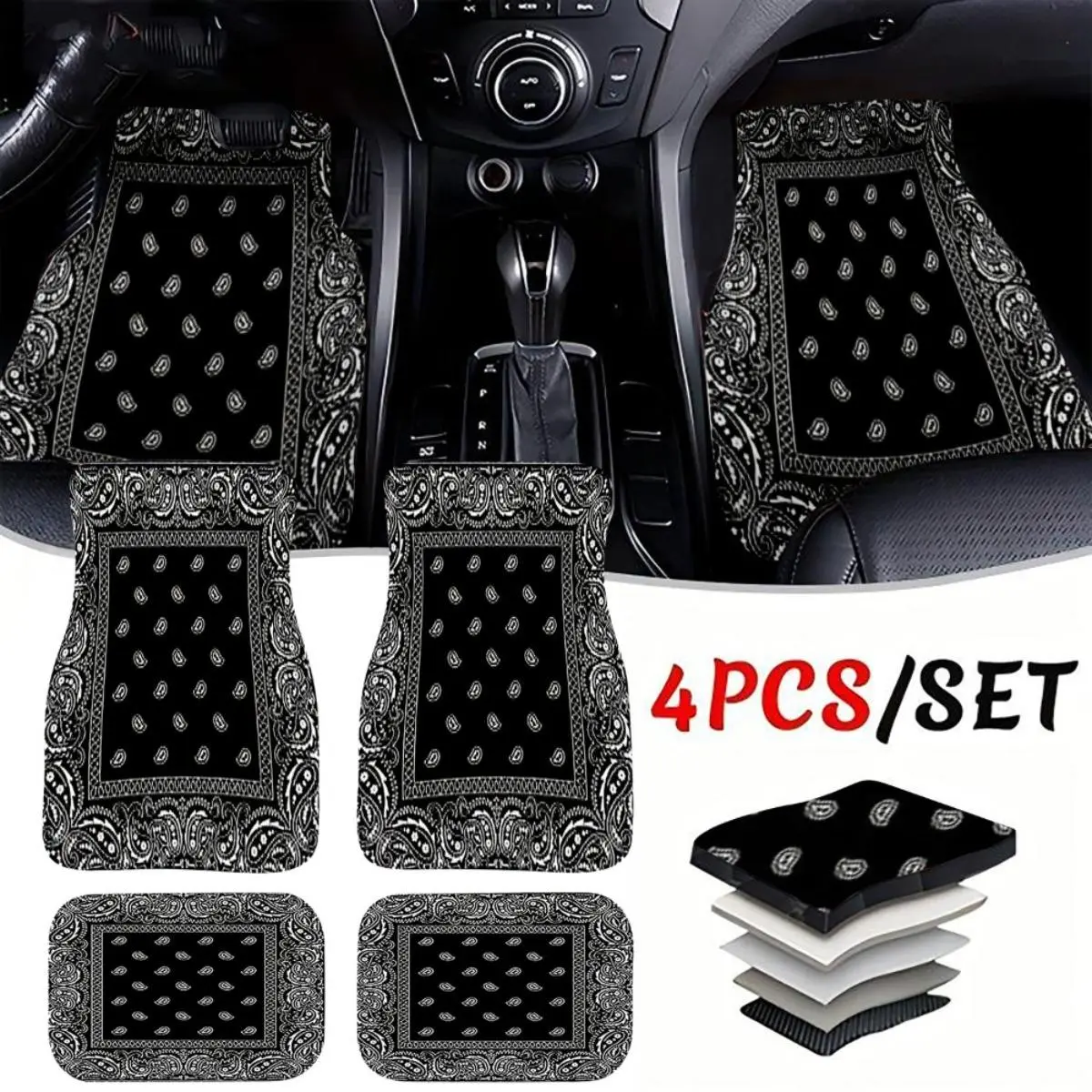4 Pcs Car Floor Mats Bohemian Pattern European Ethnic Auto Rubber Carpet Universal Interior Accessories for Front and Rear Seats Car Mats Set Weather Tech Mats For Cars