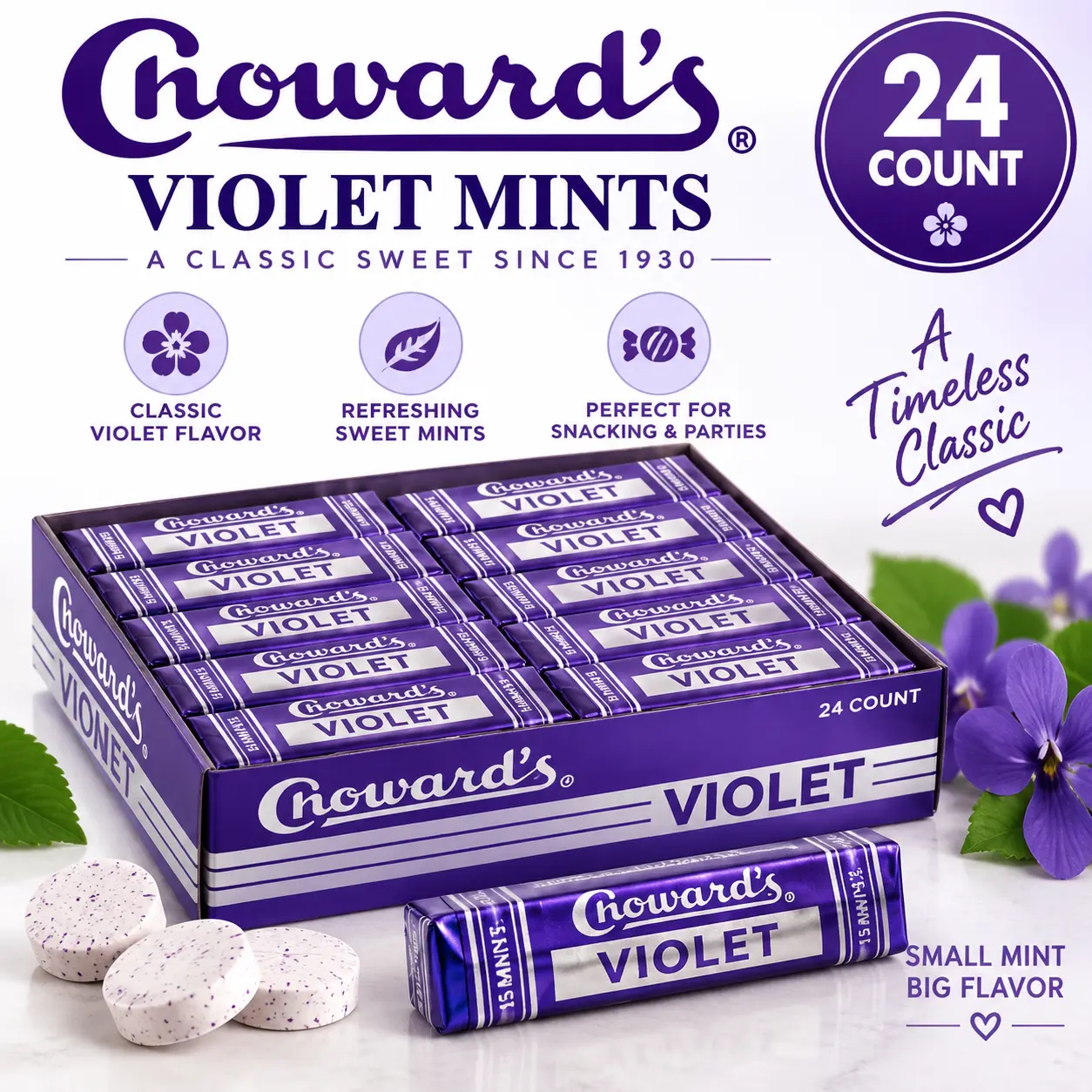 Chowards Violet Mints 24 Count Pack 15 Pieces Each Classic Violet Candy Mints