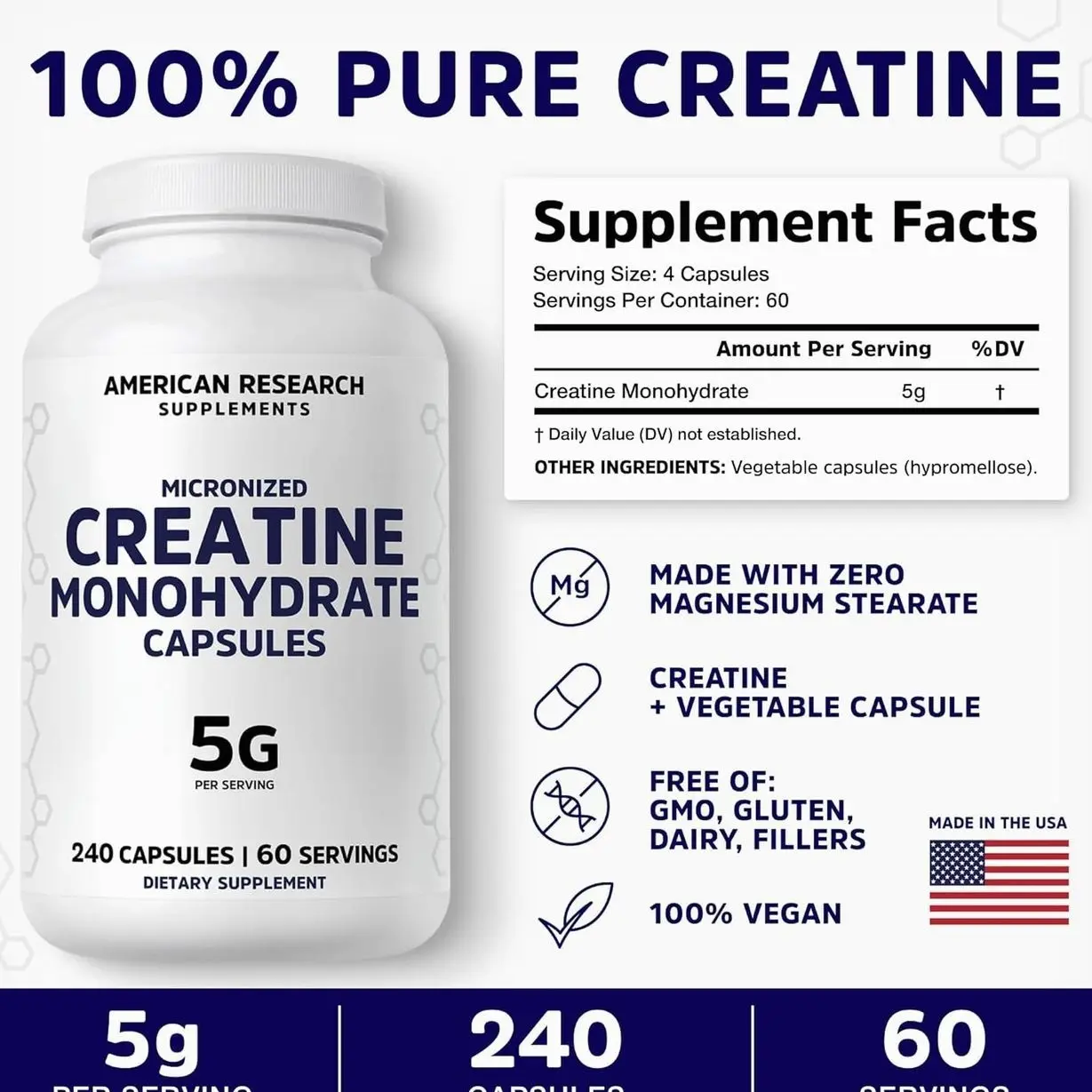 Creatine Monohydrate Capsules 5G, 60 Servings, Creatine Pills For Men and Women, 4 Caps per serving