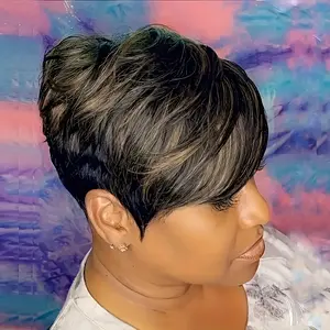 2025 Wholesale New 1pc Elegant Short Pixie Cut Wig for Women - 180% Density Straight Human Hair, Non-Lace Rose Net Cap, Glueless Premium Hairpiece,Unisex Hairstyle, 1B99J 1B27 with Red Highlights include hair caps Suitfor the New Year