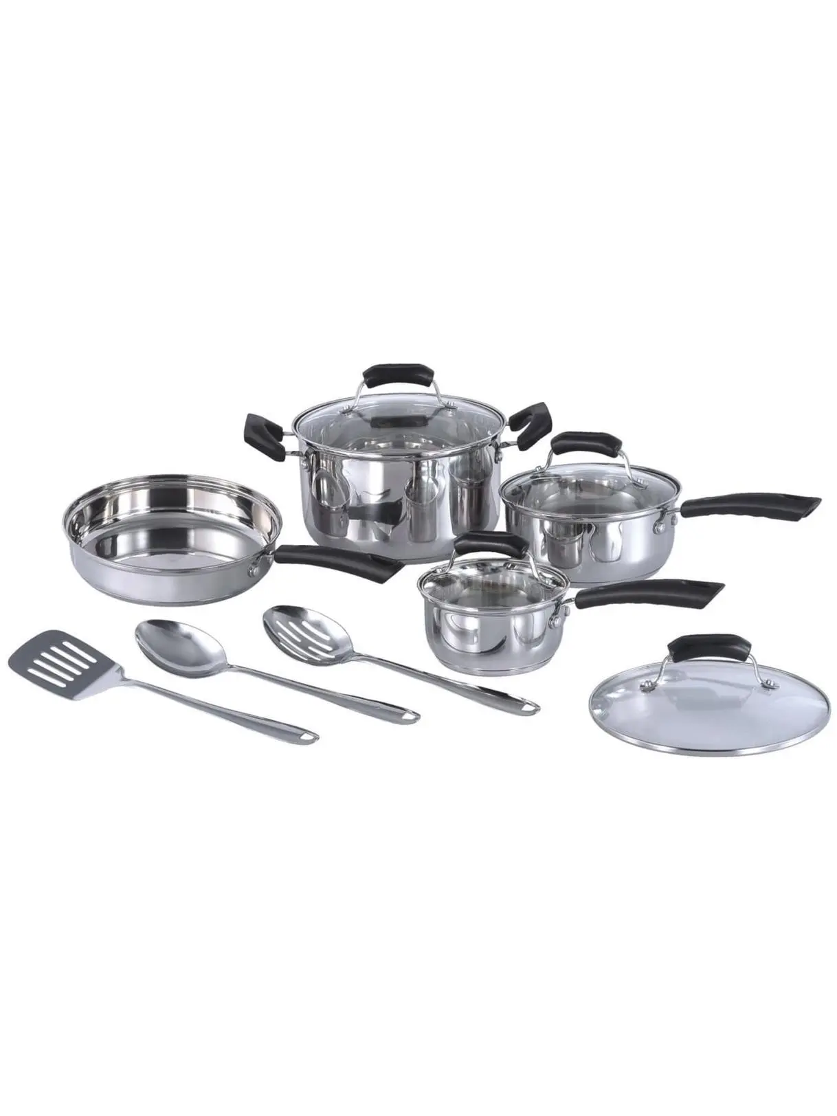 Sunpentown HK-1111A 11-Piece Polished Stainless Steel Cookware Set with Glass Lids, Induction-Safe Fry Pans, Stay Cool Handles for Home Cooking & New Homeowners