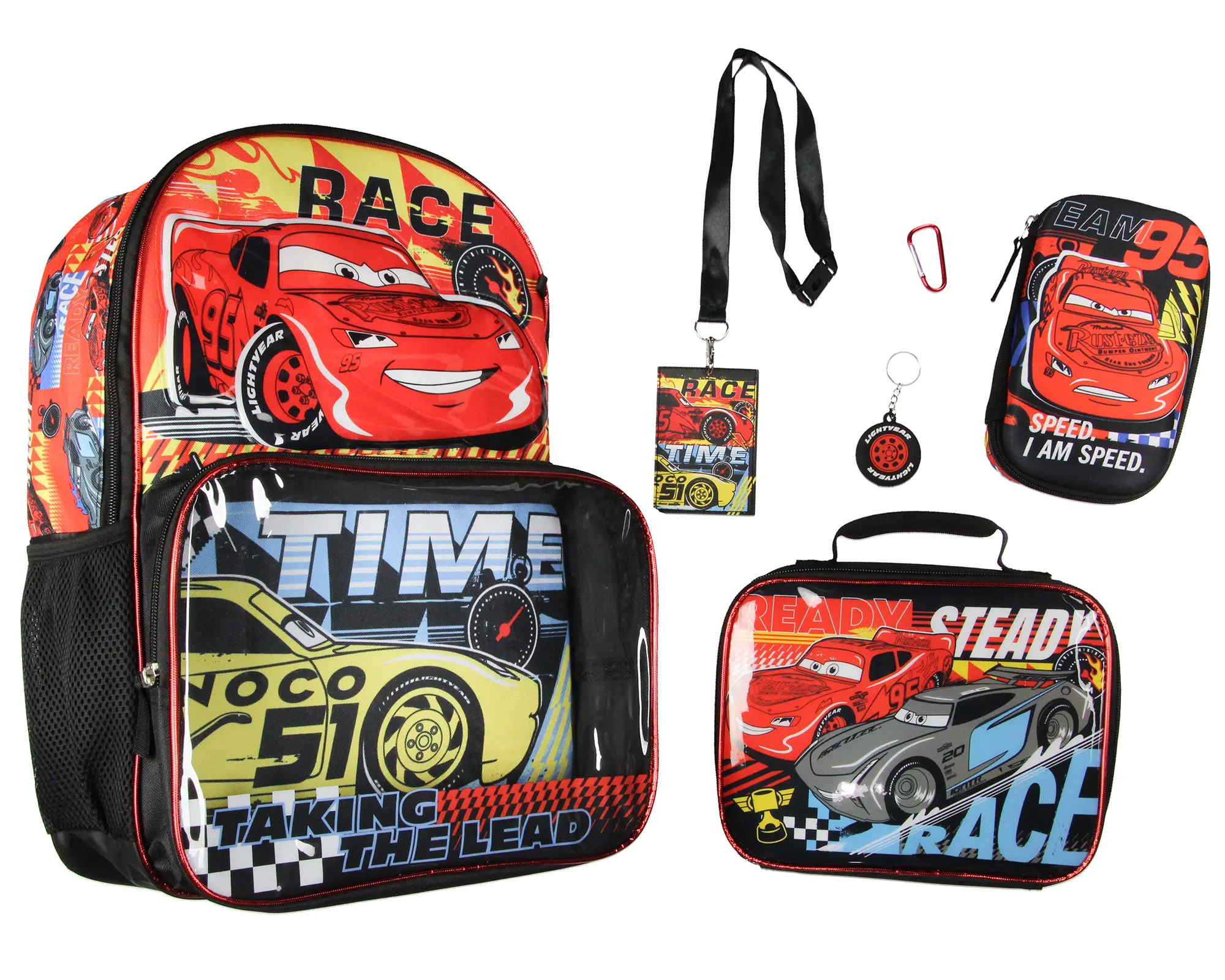 Disney Cars Taking The Lead Lightning McQueen Jackson Strom 17" Backpack Lunch Box 5pc Set, Cartoon Car Graphic Backpacks