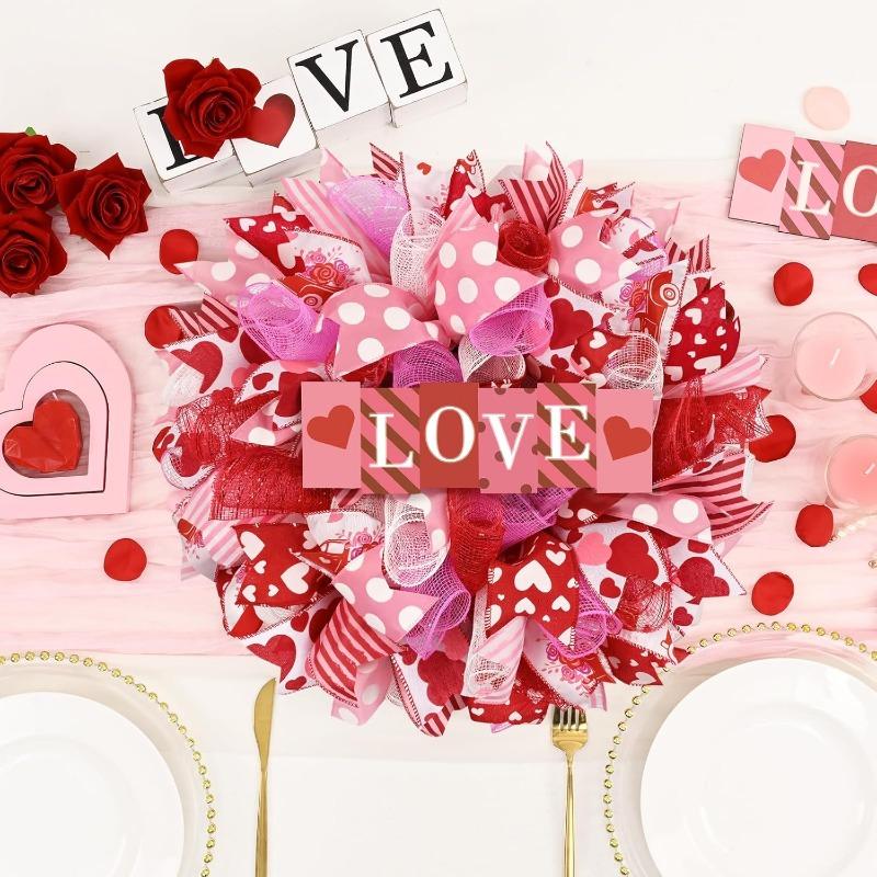 Waipfaru 17 Inch Valentines Day Mesh Wreath,Valentines Wreaths for Front Door with Love Wooden Sign Fishnet Yarn, Valentines Day Wedding Decorations for Indoor and Outdoor