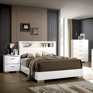 Carlie Contemporary Platform Bed with LED Headboard, Glossy White Lacquer Finish & Chrome Trim – Modern Bedroom Furniture By FOA
