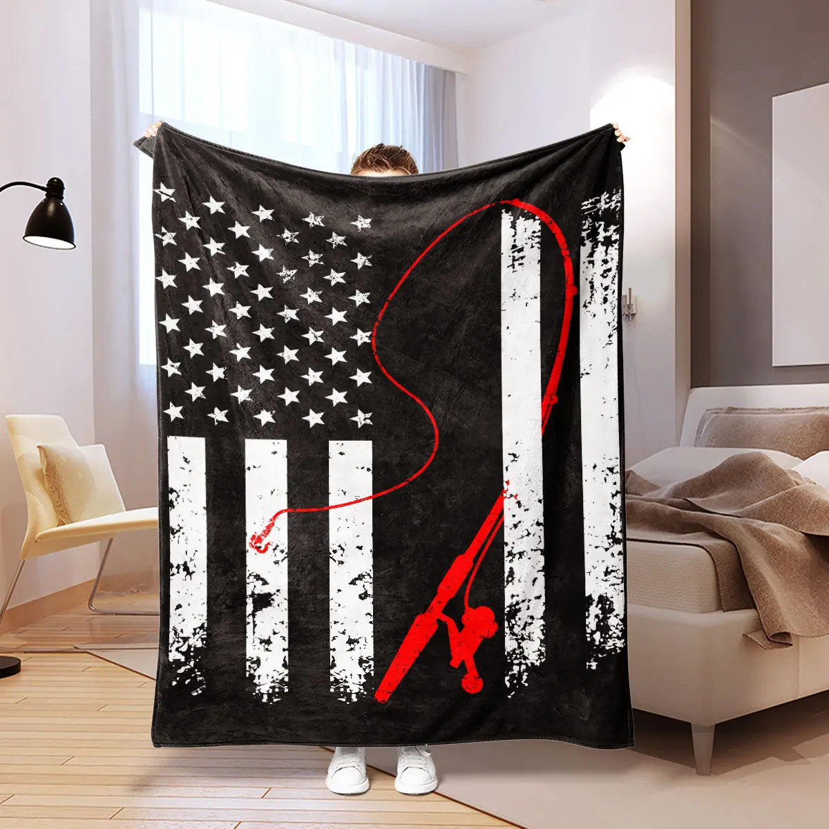 American Flag Fishing Pole Pattern Flannel Blanket, Lightweight All-Season Throw, Casual Soft Blanket, Perfect Gift for Friends & Family, Sofa Bed Camping Travel Use