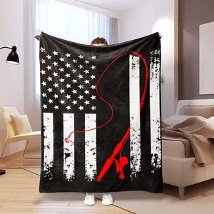 American Flag Fishing Pole Pattern Flannel Blanket, Lightweight All-Season Throw, Casual Soft Blanket, Perfect Gift for Friends & Family, Sofa Bed Camping Travel Use