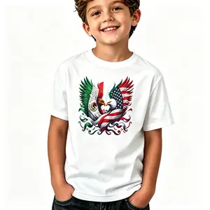 Kids America Mexico Flag Vintage Mexican Roots American T-Shirt Graphic Casual Cotton Tee Mexican American Eagle Wings Unity Art T-Shirt for Boys Girls