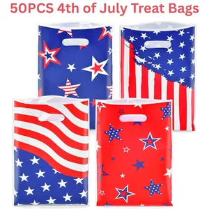 50PCS 4th of July Treat Bags with Handles, Patriotic American Flag Goodie Bags for Candy, Cookies, Party Favors, BBQs & Independence Day Celebrations