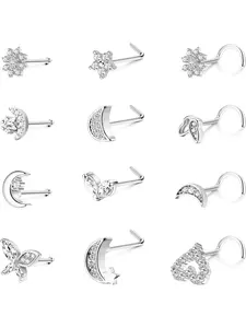 12Pcs 20G Stainless Steel Nose Rings Stud L Shape Moon Star Butterfly Flowers Snowflake CZ Nose Body Piercing Ring for Women Men