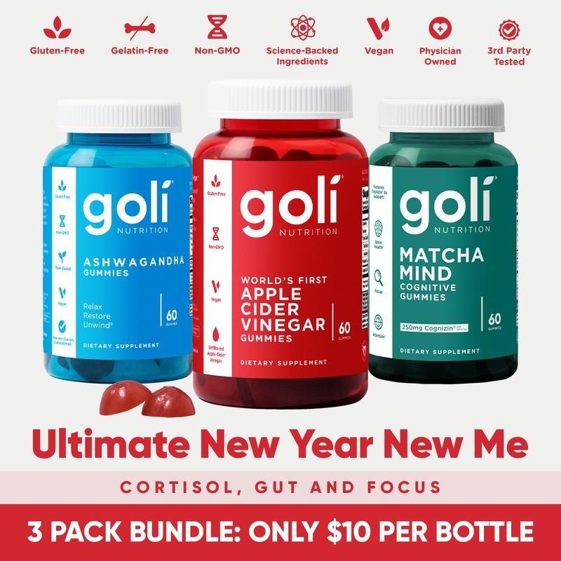 3 Bottles of Goli Best Seller Bundle: Ashwagandha KSM-66, Apple Cider Vinegar, Matcha Mind supplement with Cognizin, Vitamins D2 and B12