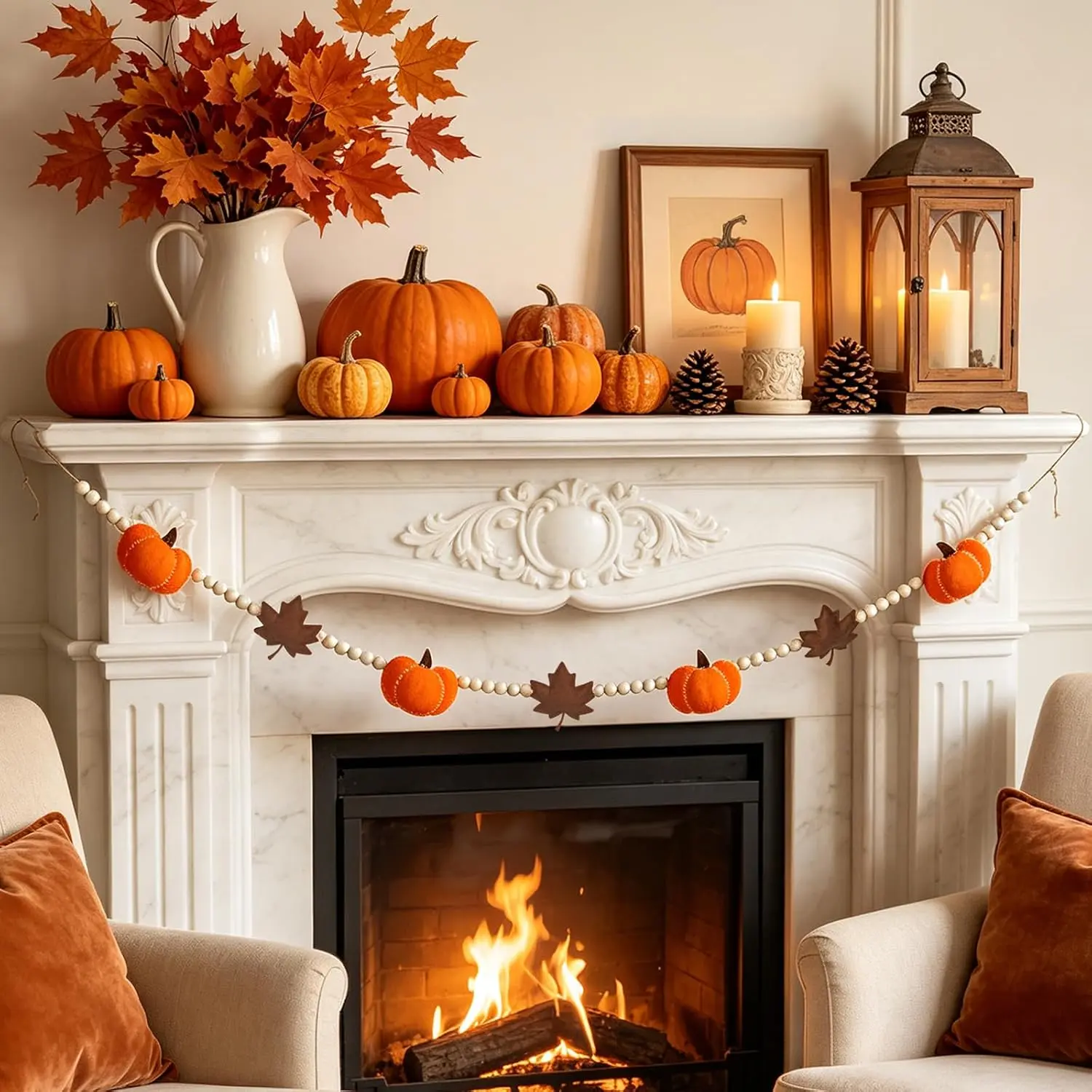 6.8 FT Fall Pumpkin Garland with Maple Leaves and Wood Beads, Autumn Decor | Felt Harvest Thanksgiving Mantel Decor for Fireplace, Shelf, Doorway, Wall, Farmhouse Indoor Fall Hanging Decorations