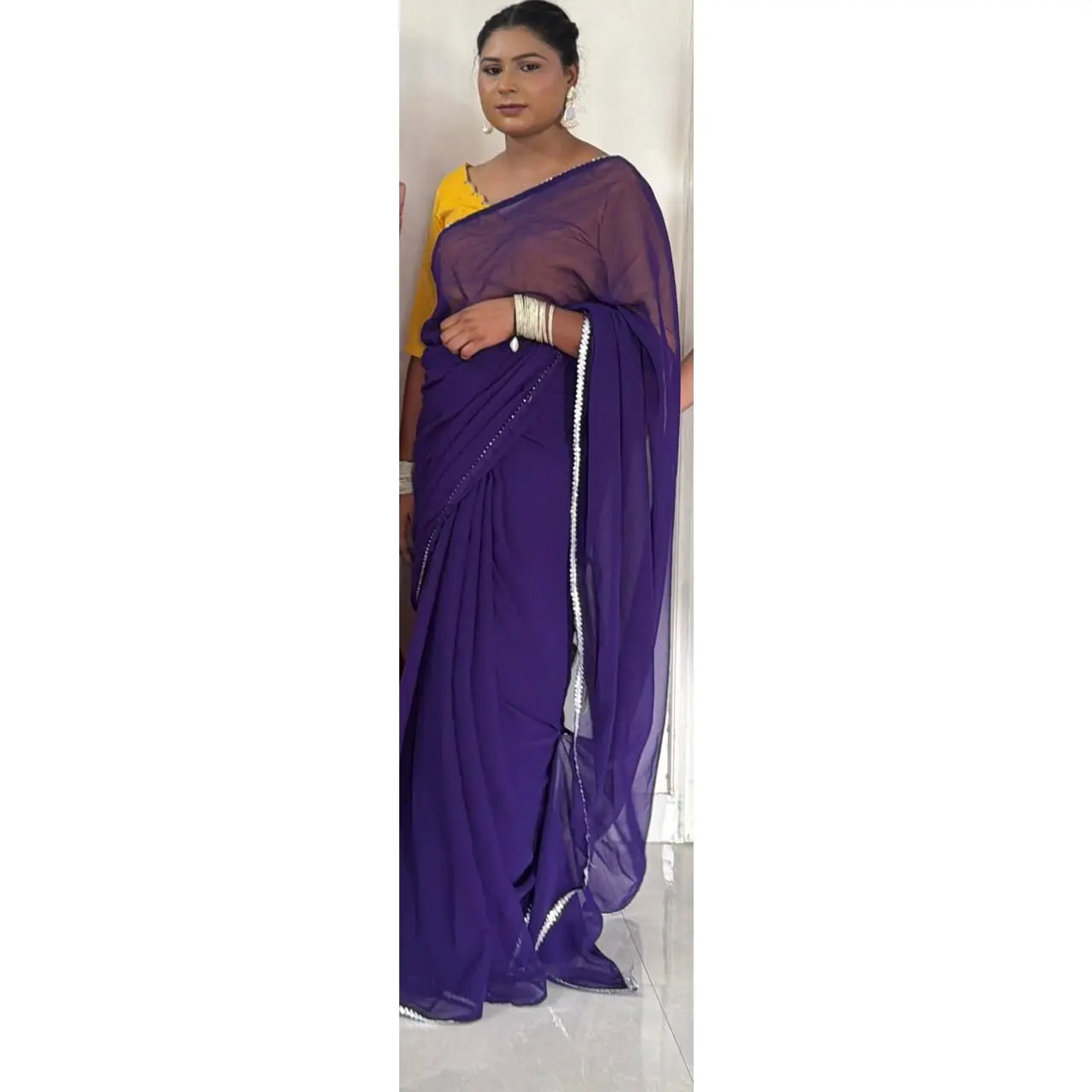Luxury Purple Ready-to-Wear Saree – Georgette with Silver Lace & Yellow Embroidered Blouse