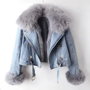 [Today 50% +OFF]2025 New Product Removable Imitation Fox Fur Rabbit Inner Liner Denim Jacket Women's Short Parker Y2k Fit Clothes