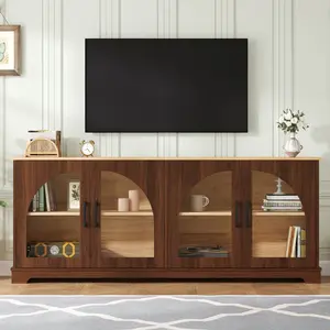 Farmhouse TV Stand with Semi-Arched Glass Doors for TVs Up to 70", Elegant Two-Tone Media Console with Adjustable Shelves, Wood Grain Sideboard with Cable Management for Living Room, Walnut+Natural