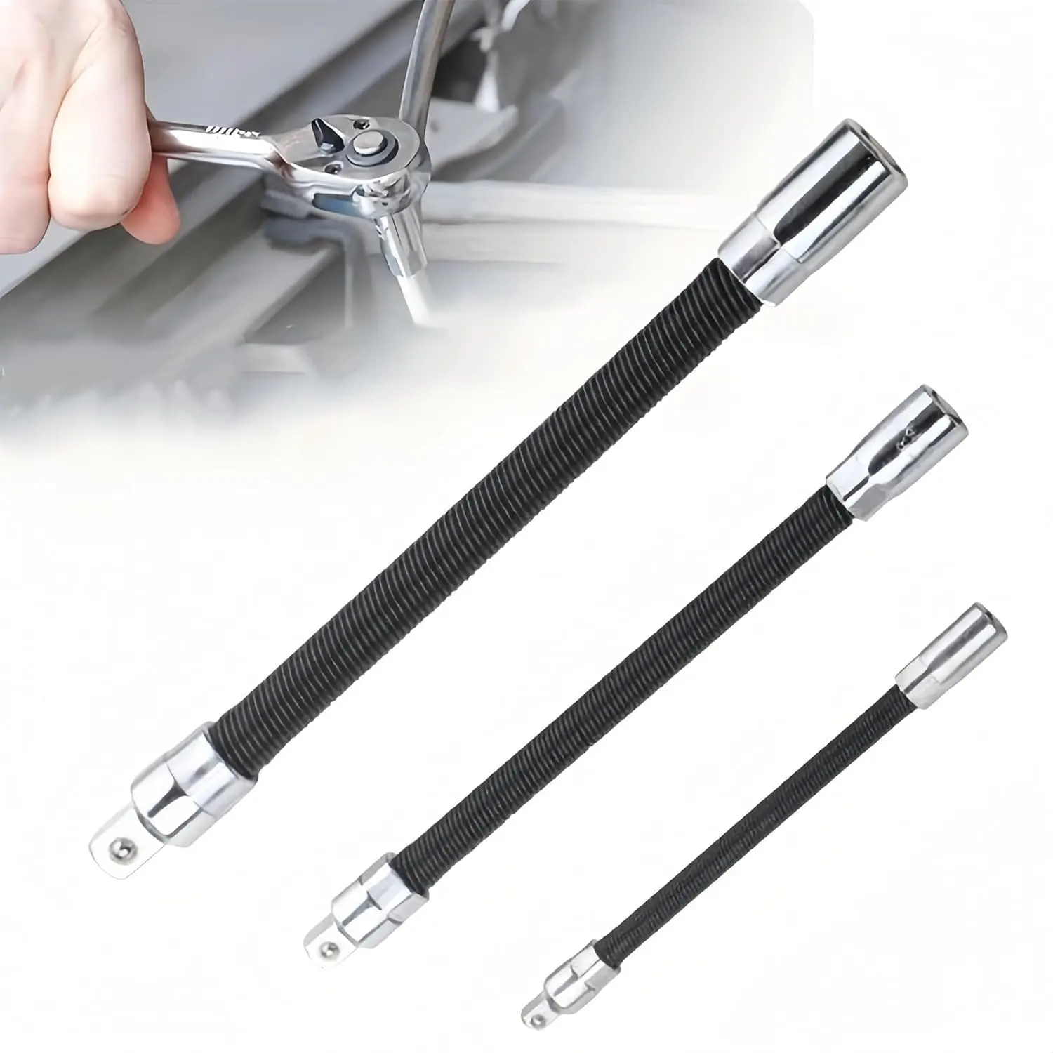 3-Piece Flexible Socket Extension Set – 1/4", 3/8", 1/2" Shaft Drive 10" 8" 6", 45° Bend – Flexible Drill Extension for Tight Spaces (Black, 1/2" 1/4" 3/8")