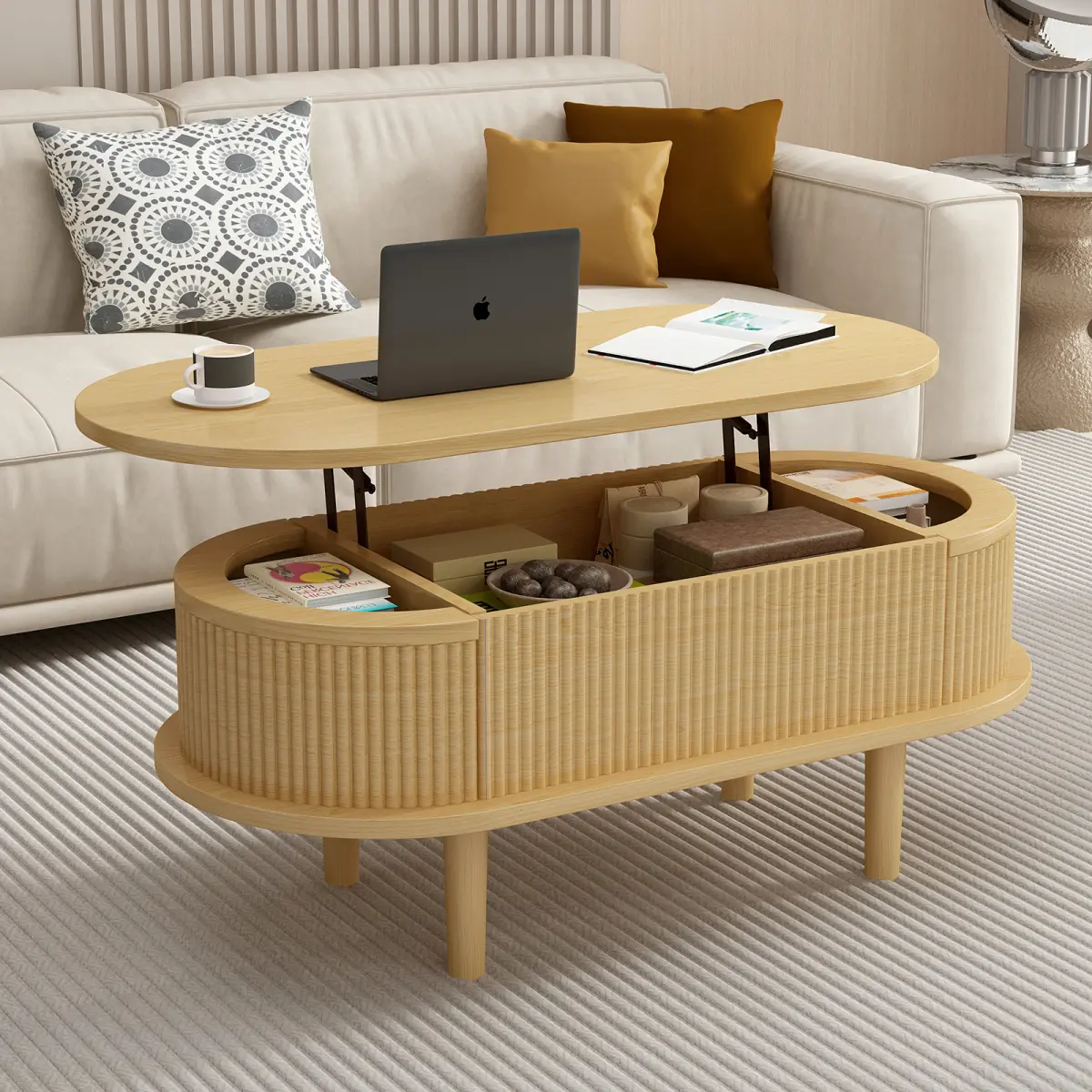 Natural Color Modern Oval Fluted Lift-Top Coffee Table with Hidden Compartment, Wooden Center Table for Home Living Room, Multi-Functional Indoor Furniture with Foldable-Extendable Design, Fits Computer Desk & Floating Desk Needs