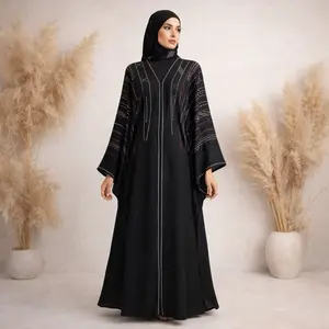 Dubai Abaya Butterfly Style with Free Hijab, Long Sleeves, and Decorative Embroidery
